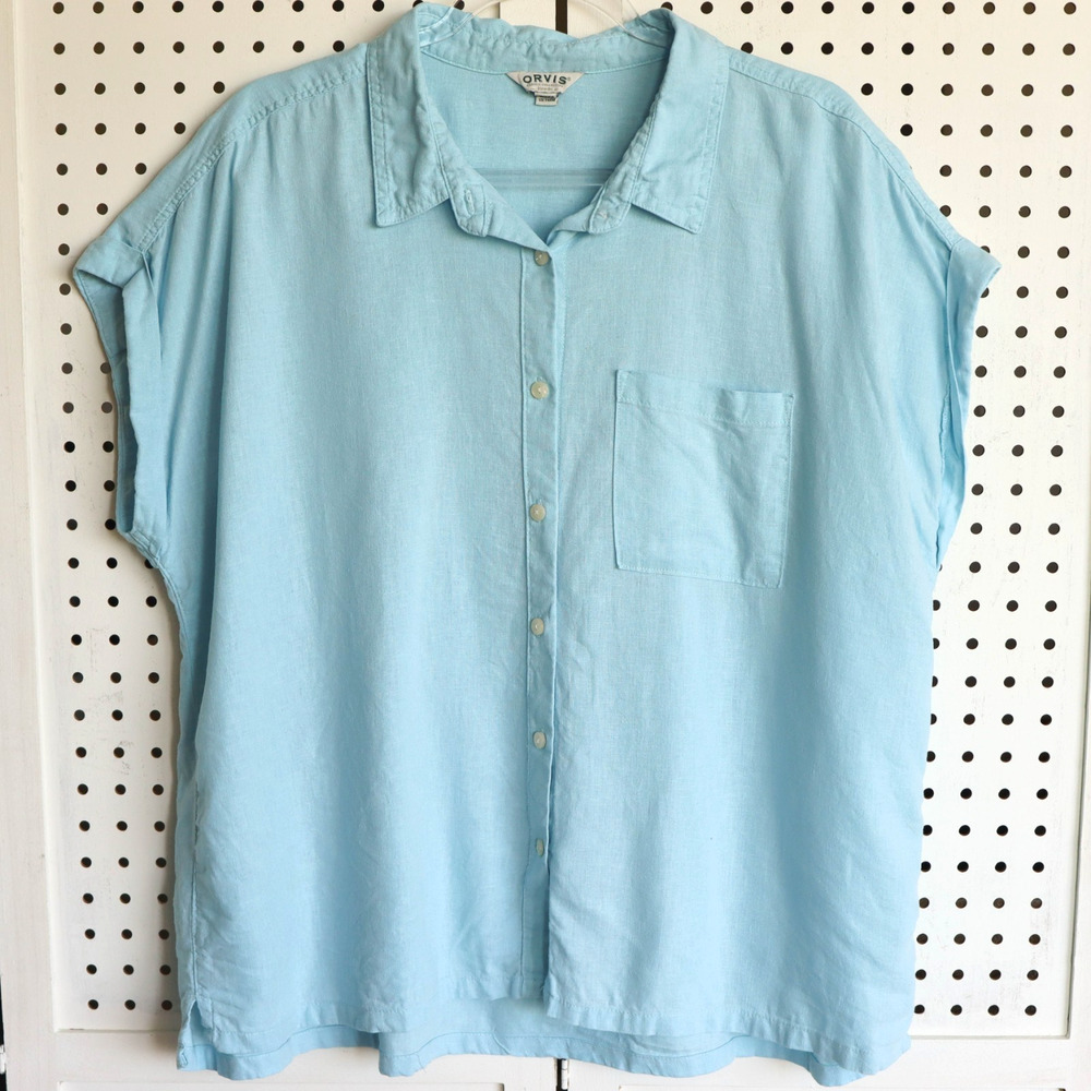 Orvis Top Womens SIZE XL Blue Linen Blend Button Up Shirt Cap Sleeve